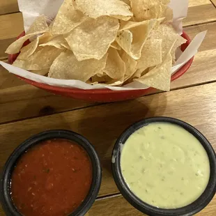 Complimentary red and green salsas with chips