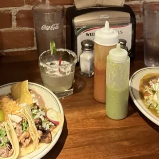 House margarita, 3 street taco meal, and a smothered bean burrito.