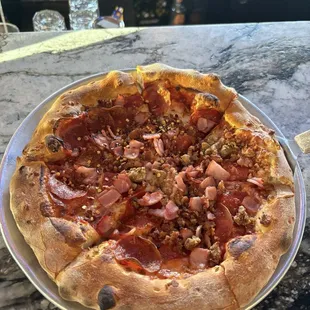 Meat Lovers Pizza. Tasted good but I feel it needed a bit more sauce. It was a