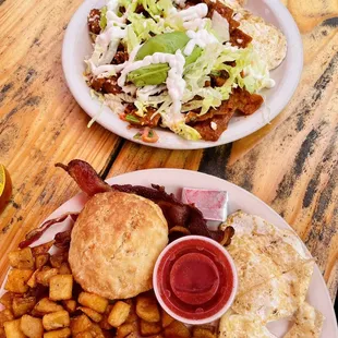 classic breakfast and chilaquiles