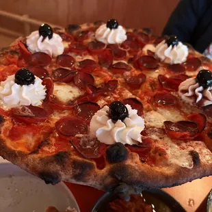 a pepperoni pizza with toppings