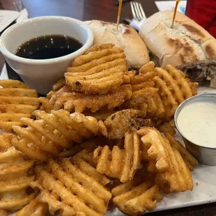 French dip (mushrooms added) and waffle fries