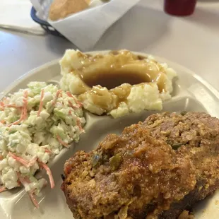 Best meatloaf I&apos;ve ever had! With homemade mashed potatoes and delicious cole slaw.