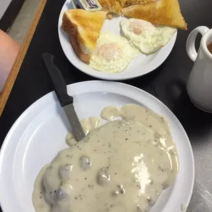 Chicken fried steak, hash brown casserole, eggs and toast