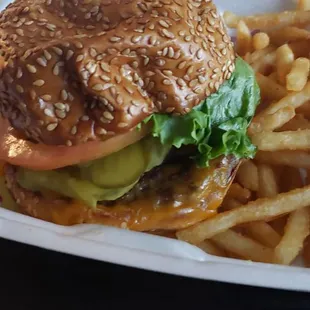 a hamburger and fries