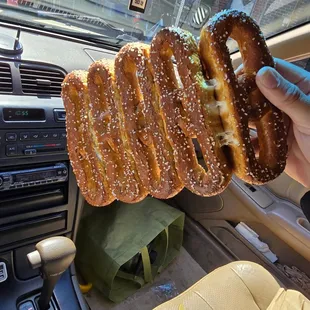 A row of 5 soft baked pretzels with salt from Center City Pretzel Co. Just .85 cents per pretzel! Can&apos;t beat that!