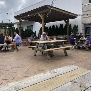 people sitting at picnic tables