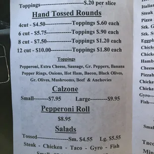 a menu for a pizza restaurant
