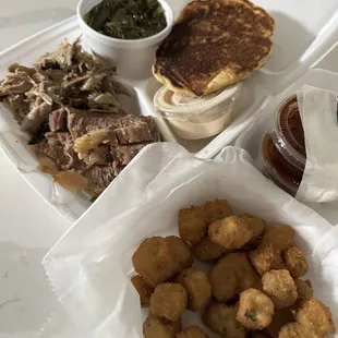 2 meat plate: sliced brisket, pulled pork, greens, &amp; fried okra