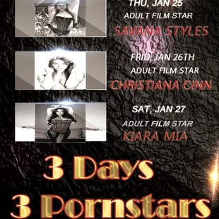 Jan 25,26 &amp; 27 3 Days 3 Pornstars! Reserve your table now.