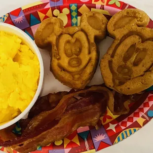 Kid&apos;s Mickey waffles w/ side of eggs.