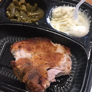 pork, mashed potatoes, and green beans