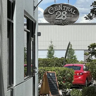 a red car parked outside