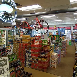 a bicycle hanging from the ceiling