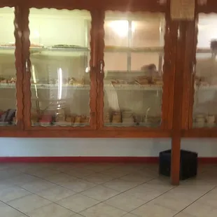 a view of a counter with glass doors