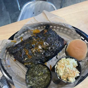 Half rack with sweet heat, greens, and potato salad