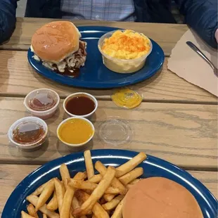 BBQ sandwiches, fries, and mac