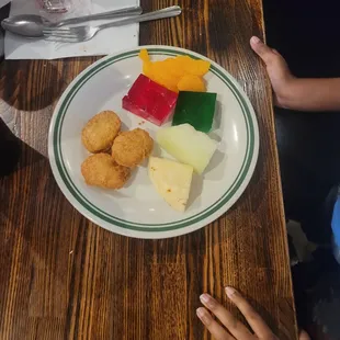 What my 3 year old typically eats. It's 5.49 for her &amp; she ate 2 plates like this &amp; dessert. Worth it imo