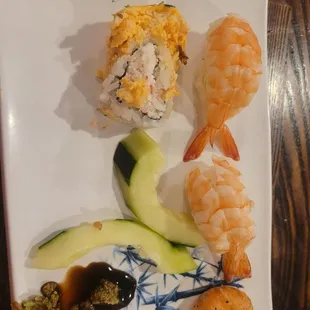 My final plate is typically a few pieces of sushi &amp; 1 last salt &amp; pepper shrimp. (I can't believe I really grabbed 1 more shrimp)