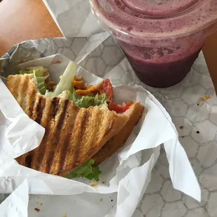 a sandwich and a smoothie