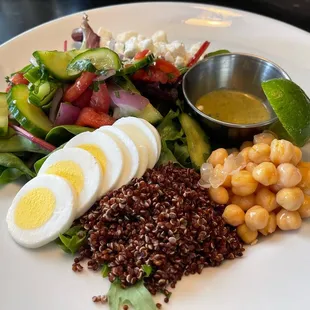 Power Salad: Red quinoa/chickpeas/cucumber salad/hard egg/feta/poblano with vinaigrette dressing