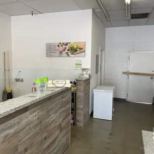a kitchen counter and a refrigerator