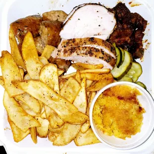3 Meat Combo: Boudin, Chicken Breast, Smoked Pork Belly  Sides: Fries and Spoonbread