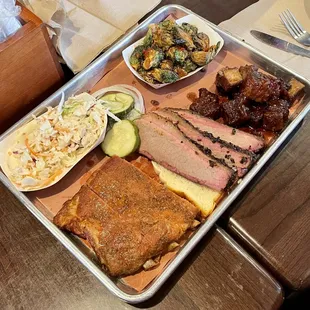 Central City BBQ. 3-meat combo plate (ribs, brisket and cowboy candy, slaw and roasted brussels sprouts).