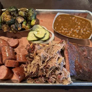 Sausage, pulled pork, ribs, beans, Brussels sprouts