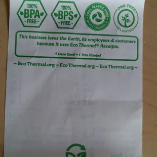 Receipts demonstrate great small steps to further green movement for Mother Earth.