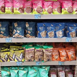 a variety of snacks on shelves