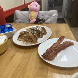 French toast with bacon today with my little friend.