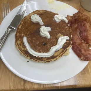 Pancakes with chocolate chips and bacon.