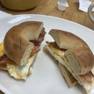 Central Bagel sandwich with eggs, bacon and cheese.