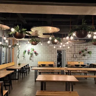 tables, benches, and hanging planters