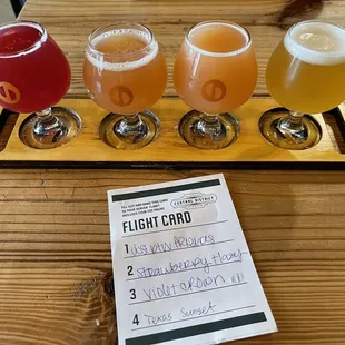 My beer flight beginning from right to left. #3 Violet Crown &amp; #4 Texas Sunset are switched on the tray. Brewer put them in order of taste.
