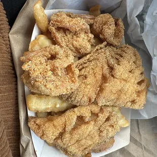 Shrimp, red snapper, hush puppy, and fries. #13 lunch combo