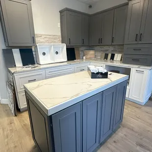 a kitchen with a center island