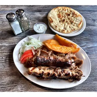 Gyros Combo Plate! (Gyros Meat,One Souvlaki,Greek Sausage.Pita Bread Onions,Tzatziki &amp; Greek Potato)! Pretty Good! CENTRAL GYROS RESTAURANT!