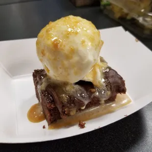 Texas sheet cake with ice cream and caramel sauce