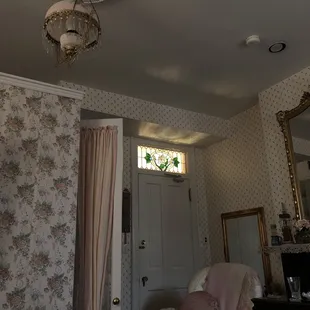 View from the bed in the Parkview room. The stained glass throughout the home is so stunning!