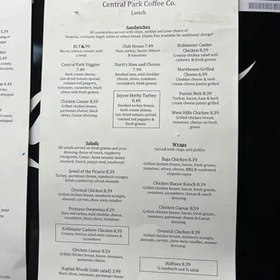 the menu for the coffeehouse