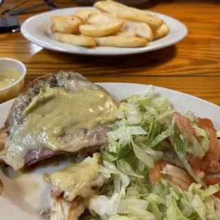 Chicken Cordon bleu no bread with Honey Mustard and a small French fry