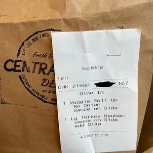 the receipt for the deli