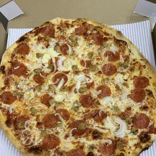 pepperoni sausage and onion pizza