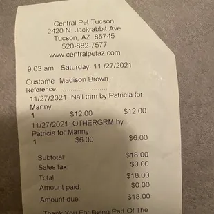 Receipt I asked for so I could see how she charged my services.