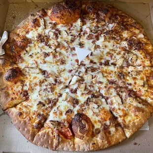 Chicken and bacon with extra sauce well done