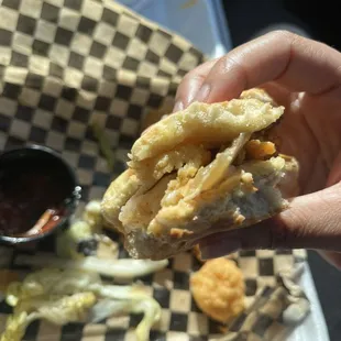 Shrimp on bun w/ cheese &amp; grilled onions