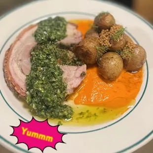 Mesquite-smoked Crispy Porchetta with Salsa Verde and Roasted Baby Potatoes with Honey-Bourbon Pickled Mustard Seeds &amp; Bomba Sauce