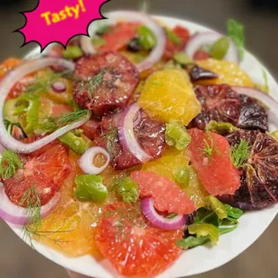 Winter Citrus Salad with Assorted Citrus, Red Onion, Fennel, Castelvetrano, Pickled Mustard Seed, Lemon Vinaigrette